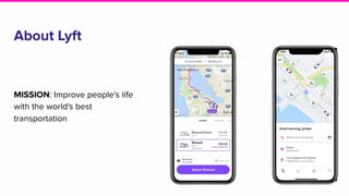 About Lyft
MISSION: Improve people's life
with the world's best
transportation
 