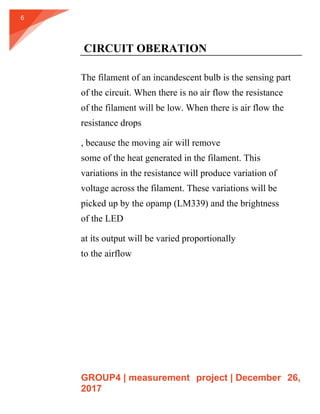 GROUP4 | measurement project | December 26,
2017
6
CIRCUIT OBERATION
The filament of an incandescent bulb is the sensing part
of the circuit. When there is no air flow the resistance
of the filament will be low. When there is air flow the
resistance drops
, because the moving air will remove
some of the heat generated in the filament. This
variations in the resistance will produce variation of
voltage across the filament. These variations will be
picked up by the opamp (LM339) and the brightness
of the LED
at its output will be varied proportionally
to the airflow
 
