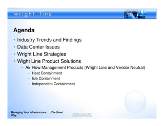 Agenda
 •   Industry Trends and Findings
 •   Data Center Issues
 •   Wright Line Strategies
 •   Wight Line Product Solutions
       – Air Flow Management Products (Wright Line and Vendor Neutral)
            • Heat Containment
            • Isle Containment
            • Independent Containment




Managing Your Infrastructure……The Smart
                                           © Wright Line LLC, 2007
Way                                       Confidential and Proprietary   2
 