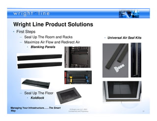 Wright Line Product Solutions
 • First Steps
       – Seal Up The Room and Racks                                      • Universal Air Seal Kits
       – Maximize Air Flow and Redirect Air
            • Blanking Panels




       – Seal Up The Floor
            • Koldlock


Managing Your Infrastructure……The Smart
                                           © Wright Line LLC, 2007
Way                                       Confidential and Proprietary                               21
 