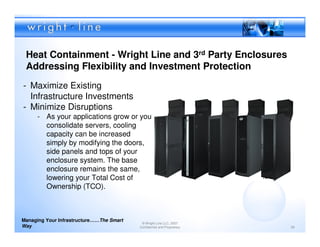 Heat Containment - Wright Line and 3rd Party Enclosures
 Addressing Flexibility and Investment Protection
- Maximize Existing
  Infrastructure Investments
- Minimize Disruptions
      - As your applications grow or you
        consolidate servers, cooling
        capacity can be increased
        simply by modifying the doors,
        side panels and tops of your
        enclosure system. The base
        enclosure remains the same,
        lowering your Total Cost of
        Ownership (TCO).



Managing Your Infrastructure……The Smart
                                           © Wright Line LLC, 2007
Way                                       Confidential and Proprietary   29
 