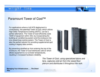 Paramount Tower of Cool™

  For applications where a full HCS deployment is
  unnecessary, the patented Tower of Cool, which utilizes
  High Delta Temperature Cooling (HDTC), can be a
  perfect alternative. The Tower of Cool efficiently cools
  10kW of equipment within 44U, by incorporating the
  building air conditioning system and the enclosure into
  one closed-loop cooling system. The Tower of Cool is
  also the perfect solution for providing supplemental spot
  cooling in legacy data centers.

  By preventing stratified air from entering the top of the
  enclosure, the Tower of Cool distributes cold air which
  allows equipment to run at lower temperatures,
  resulting in increased hardware reliability.

                                              The Tower of Cool, using specialized doors and
                                              fans, captures cold air from the raised floor
                                              plenum and distributes it throughout the rack.

Managing Your Infrastructure……The Smart
                                                 © Wright Line LLC, 2007
Way                                             Confidential and Proprietary                   30
 