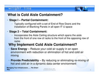 What is Cold Aisle Containment?
• Stage I – Partial Containment:
     – Typically configured with a set of End of Row Doors and the
       installation of Blanking Panels in all open IT U space
• Stage 2 – Total Containment:
     – Incorporates the Aisle Ceiling structure which spans the aisle
       from the front of one row of racks to the front of the opposing row of
       racks
  Why Implement Cold Aisle Containment?
  • Save Energy – Reduce your cold air supply in an open
    environment with reduction or elimination of hot and cold air
    mixing
  • Provide Predictability – By reducing or eliminating re-mixing of
    hot and cold air in a dynamic data center environment
Managing Your Infrastructure……The Smart
                                           © Wright Line LLC, 2007
Way                                       Confidential and Proprietary          33
 