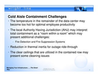 Cold Aisle Containment Challenges
 • The temperature in the remainder of the data center may
   become too hot for optimal employee productivity
 • The local Authority Having Jurisdiction (AHJ) may interpret
   total containment as a “room within a room” which may
   present additional challenges:
       – Fire Detection and Fire Suppression Systems

 • Reduction in thermal inertia for outage ride-through
 • The clear ceilings that are utilized in the contained row may
   present some cleaning issues


Managing Your Infrastructure……The Smart
                                           © Wright Line LLC, 2007
Way                                       Confidential and Proprietary   34
 