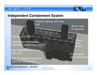 Independent Containment System
                                    Ambient lighting with clear
                                    roof
                                                                          Move racks
                                                                          on demand


      Fits any size rack
                                                                             End of
      Vertical blanking system
                                                                             Row
      maintains containment integrity
                                                                             Doors
      Add Adjustable Chimneys
      with load                                                          Extend aisle
                                                                         with load growth
      Can Be Deployed as Hot or
      Cold Isle Containment

Managing Your Infrastructure……The Smart
                                           © Wright Line LLC, 2007
Way                                       Confidential and Proprietary                      46
 