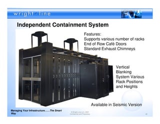 Independent Containment System
                                                             Features:
                                                             Supports various number of racks
                                                             End of Row Café Doors
                                                             Standard Exhaust Chimneys



                                                                                      Vertical
                                                                                      Blanking
                                                                                      System Various
                                                                                      Rack Positions
                                                                                      and Heights



                                                                         Available in Seismic Version
Managing Your Infrastructure……The Smart
                                           © Wright Line LLC, 2007
Way                                       Confidential and Proprietary                                  48
 