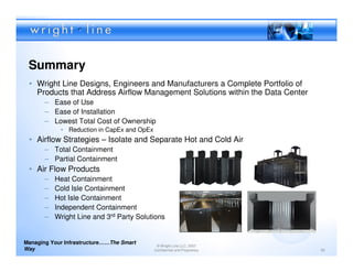 Summary
 • Wright Line Designs, Engineers and Manufacturers a Complete Portfolio of
   Products that Address Airflow Management Solutions within the Data Center
       – Ease of Use
       – Ease of Installation
       – Lowest Total Cost of Ownership
            • Reduction in CapEx and OpEx
 • Airflow Strategies – Isolate and Separate Hot and Cold Air
       – Total Containment
       – Partial Containment
 • Air Flow Products
       –   Heat Containment
       –   Cold Isle Containment
       –   Hot Isle Containment
       –   Independent Containment
       –   Wright Line and 3rd Party Solutions


Managing Your Infrastructure……The Smart
                                             © Wright Line LLC, 2007
Way                                         Confidential and Proprietary       50
 