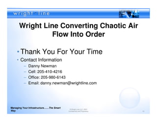 Wright Line Converting Chaotic Air
                Flow Into Order

    • Thank You For Your Time
    • Contact Information
          –   Danny Newman
          –   Cell: 205-410-4216
          –   Office: 205-980-6143
          –   Email: danny.newman@wrightline.com




Managing Your Infrastructure……The Smart
                                           © Wright Line LLC, 2007
Way                                       Confidential and Proprietary   51
 