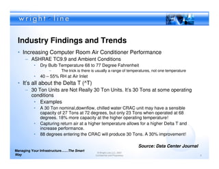 Industry Findings and Trends
 • Increasing Computer Room Air Conditioner Performance
     – ASHRAE TC9.9 and Ambient Conditions
          •   Dry Bulb Temperature 68 to 77 Degree Fahrenheit
                   –      The trick is there is usually a range of temperatures, not one temperature
          •   40 – 55% RH at Air Inlet
 • It’s all about the Delta T (^T)
     – 30 Ton Units are Not Really 30 Ton Units. It’s 30 Tons at some operating
       conditions
        • Examples
          •   A 30 Ton nominal,downflow, chilled water CRAC unit may have a sensible
              capacity of 27 Tons at 72 degrees, but only 23 Tons when operated at 68
              degrees. 18% more capacity at the higher operating temperature!
          •   Capturing return air at a higher temperature allows for a higher Delta T and
              increase performance.
          •   88 degrees entering the CRAC will produce 30 Tons. A 30% improvement!

                                                                             Source: Data Center Journal
Managing Your Infrastructure……The Smart
                                               © Wright Line LLC, 2007
Way                                           Confidential and Proprietary                                 6
 