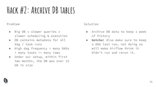Solution
● Archive DB data to keep 1 week
of history
● Gotcha! Also make sure to keep
a DAG last run, not doing so
will ma...