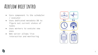 7
Airﬂow brief intro
● Core component is the scheduler
/ executor
● Uses dedicated metadata DB to
figure out current statu...