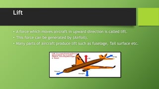 Lift
• A force which moves aircraft in upward direction is called lift.
• This force can be generated by (Airfoil).
• Many parts of aircraft produce lift such as fuselage, Tail surface etc.
 