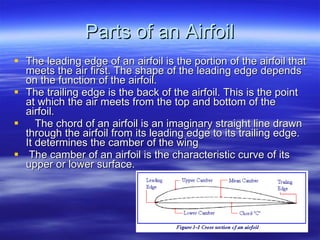 Parts of an Airfoil The leading edge of an airfoil is the portion of the airfoil that meets the air first. The shape of the leading edge depends on the function of the airfoil.  The trailing edge is the back of the airfoil. This is the point at which the air meets from the top and bottom of the airfoil.     The chord of an airfoil is an imaginary straight line drawn through the airfoil from its leading edge to its trailing edge. It determines the camber of the wing   The camber of an airfoil is the characteristic curve of its upper or lower surface.  