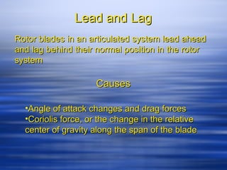 Lead and Lag
Rotor blades in an articulated system lead ahead
and lag behind their normal position in the rotor
system

                     Causes

  •Angle of attack changes and drag forces
  •Coriolis force, or the change in the relative
  center of gravity along the span of the blade
 