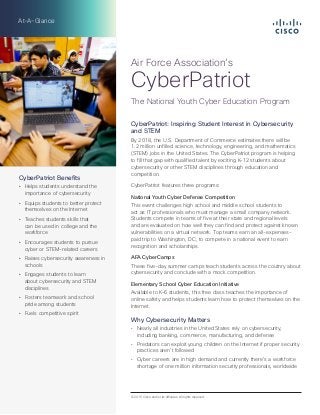 At-A-Glance
CyberPatriot: Inspiring Student Interest in Cybersecurity
and STEM
By 2018, the U.S. Department of Commerce estimates there will be
1.2 million unfilled science, technology, engineering, and mathematics
(STEM) jobs in the United States. The CyberPatriot program is helping
to fill that gap with qualified talent by exciting K–12 students about
cybersecurity or other STEM disciplines through education and
competition.
CyberPatriot features three programs:
National Youth Cyber Defense Competition
This event challenges high school and middle school students to
act as IT professionals who must manage a small company network.
Students compete in teams of five at their state and regional levels
and are evaluated on how well they can find and protect against known
vulnerabilities on a virtual network. Top teams earn an all-expenses-
paid trip to Washington, DC, to compete in a national event to earn
recognition and scholarships.
AFA CyberCamps
These five-day summer camps teach students across the coutnry about
cybersecurity and conclude with a mock competition.
Elementary School Cyber Education Initiative
Available to K–6 students, this free class teaches the importance of
online safety and helps students learn how to protect themselves on the
Internet.
Why Cybersecurity Matters
•	 Nearly all industries in the United States rely on cybersecurity,
including banking, commerce, manufacturing, and defense
•	 Predators can exploit young children on the Internet if proper security
practices aren’t followed
•	 Cyber careers are in high demand and currently there’s a workforce
shortage of one million information security professionals, worldwide
Air Force Association’s
CyberPatriot
The National Youth Cyber Education Program
© 2015 Cisco and/or its affiliates. All rights reserved.
CyberPatriot Benefits
•	 Helps students understand the
importance of cybersecurity
•	 Equips students to better protect
themselves on the Internet
•	 Teaches students skills that
can be used in college and the
workforce
•	 Encourages students to pursue
cyber or STEM-related careers
•	 Raises cybersecurity awareness in
schools
•	 Engages students to learn
about cybersecurity and STEM
disciplines
•	 Fosters teamwork and school
pride among students
•	 Fuels competitive spirit
 