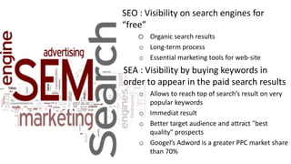 SEO : Visibility on search engines for
“free”
o Organic search results
o Long-term process
o Essential marketing tools for...