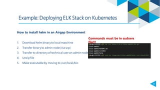 24
Example: Deploying ELK Stack on Kubernetes
How to install helm in an Airgap Environment
1. Download helm binary to local maschine
2. Transfer binary to admin node (via scp)
3. Transfer to directoryof technical user on admin node
4. Unzip file
5. Make executable by moving to /usr/local/bin
Commands must be in sudoers
file!!!
 