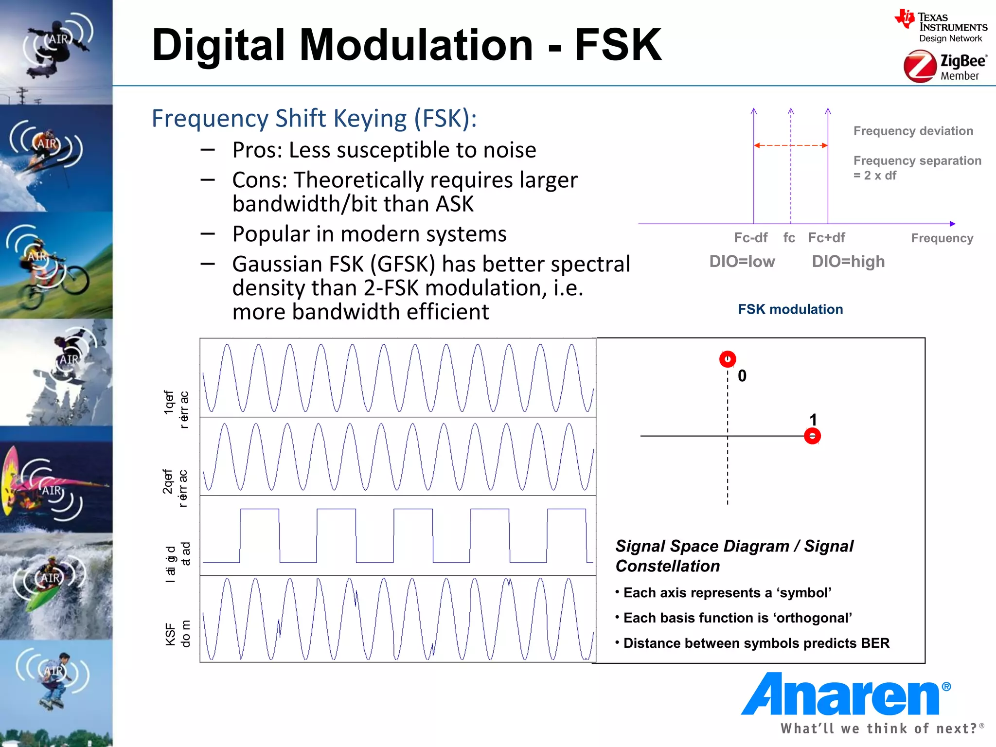 Digital Modulation - FSK
Frequency Shift Keying (FSK):                                                              Frequency deviation
            – Pros: Less susceptible to noise                                              Frequency separation
            – Cons: Theoretically requires larger                                          = 2 x df

              bandwidth/bit than ASK
            – Popular in modern systems                              Fc-df   fc Fc+df               Frequency

            – Gaussian FSK (GFSK) has better spectral            DIO=low         DIO=high
              density than 2-FSK modulation, i.e.
              more bandwidth efficient                                FSK modulation



                                                                      0
    1qe f
r err ac
       r




                                                                                 1
  i
    2qe f
r err ac
       r
  i




                                                   Signal Space Diagram / Signal
     a ad
 l ai g d




                                                   Constellation
    t i
      t




                                                   • Each axis represents a ‘symbol’
                                                   • Each basis function is ‘orthogonal’
 do m
 KSF




                                                   • Distance between symbols predicts BER
 