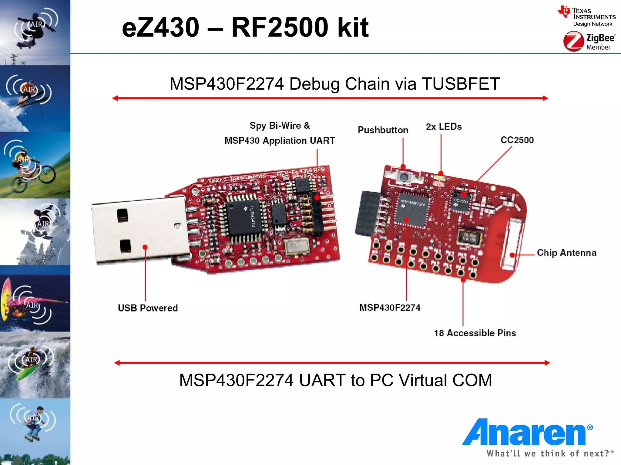 eZ430 – RF2500 kit
   MSP430F2274 Debug Chain via TUSBFET




    MSP430F2274 UART to PC Virtual COM
 