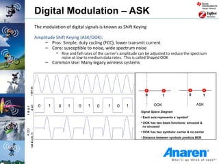 Digital Modulation – ASK
                 The modulation of digital signals is known as Shift Keying

                 Amplitude Shift Keying (ASK/OOK):
                      – Pros: Simple, duty cycling (FCC), lower transmit current
                      – Cons: susceptible to noise, wide spectrum noise
                            • Rise and fall rates of the carrier's amplitude can be adjusted to reduce the spectrum
                              noise at low to medium data rates. This is called Shaped OOK
                      – Common Use: Many legacy wireless systems
      r err ac
        i




                                                                               0           1                    0       1

                  0     1    0    1      0    1    0     1     0    1               OOK                             ASK
    a ad
l ai g d
   t i
     t




                                                                            Signal Space Diagram
                                                                            • Each axis represents a ‘symbol’
                                                                            • OOK has two basis functions: sinusoid &
                                                                              no sinusoid
         K OO




                                                                            • OOK has two symbols: carrier & no carrier
not a udo m




                                                                            • Distance between symbols predicts BER
 i l
 