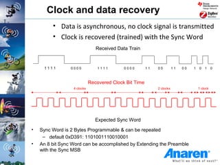 Clock and data recovery
         • Data is asynchronous, no clock signal is transmitted
         • Clock is recovered (trained) with the Sync Word
                                Received Data Train


     1111        0000            1111       0000        11   00         11   00   1   0   1     0



                             Recovered Clock Bit Time
                  4 clocks                                   2 clocks                 1 clock




                                Expected Sync Word
•   Sync Word is 2 Bytes Programmable & can be repeated
     – default 0xD391: 1101001110010001
•   An 8 bit Sync Word can be accomplished by Extending the Preamble
    with the Sync MSB
 