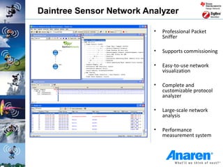 Daintree Sensor Network Analyzer

                          •   Professional Packet
                              Sniffer

                          •   Supports commissioning

                          •   Easy-to-use network
                              visualization

                          •   Complete and
                              customizable protocol
                              analyzer

                          •   Large-scale network
                              analysis

                          •   Performance
                              measurement system
 