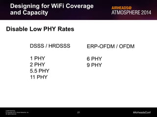21
CONFIDENTIAL
© Copyright 2014. Aruba Networks, Inc.
All rights reserved
#AirheadsConf
Disable Low PHY Rates
Designing for WiFi Coverage
and Capacity
DSSS / HRDSSS
1 PHY
2 PHY
5.5 PHY
11 PHY
ERP-OFDM / OFDM
6 PHY
9 PHY
 