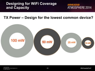 23
CONFIDENTIAL
© Copyright 2014. Aruba Networks, Inc.
All rights reserved
#AirheadsConf
TX Power – Design for the lowest common device?
Designing for WiFi Coverage
and Capacity
 
