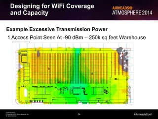 24
CONFIDENTIAL
© Copyright 2014. Aruba Networks, Inc.
All rights reserved
#AirheadsConf
Example Excessive Transmission Power
1 Access Point Seen At -90 dBm – 250k sq feet Warehouse
Designing for WiFi Coverage
and Capacity
 