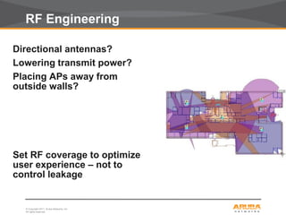 © Copyright 2011. Aruba Networks, Inc.
All rights reserved7
RF Engineering
Directional antennas?
Lowering transmit power?
Placing APs away from
outside walls?
Set RF coverage to optimize
user experience – not to
control leakage
 