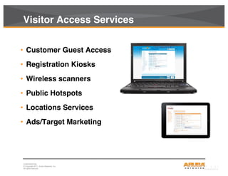 CONFIDENTIAL
© Copyright 2011. Aruba Networks, Inc.
All rights reserved4
Visitor Access Services
• Customer Guest Access
• Registration Kiosks
• Wireless scanners
• Public Hotspots
• Locations Services
• Ads/Target Marketing
 