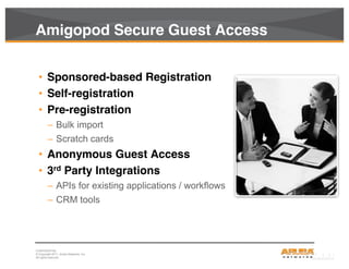 CONFIDENTIAL
© Copyright 2011. Aruba Networks, Inc.
All rights reserved6
Amigopod Secure Guest Access
• Sponsored-based Registration
• Self-registration
• Pre-registration
– Bulk import
– Scratch cards
• Anonymous Guest Access
• 3rd Party Integrations
– APIs for existing applications / workflows
– CRM tools
 