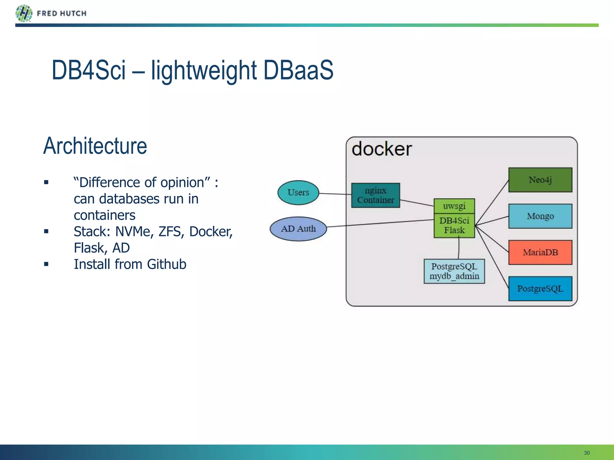 30
DB4Sci – lightweight DBaaS
Architecture
 “Difference of opinion” :
can databases run in
containers
 Stack: NVMe, ZFS, Docker,
Flask, AD
 Install from Github
 