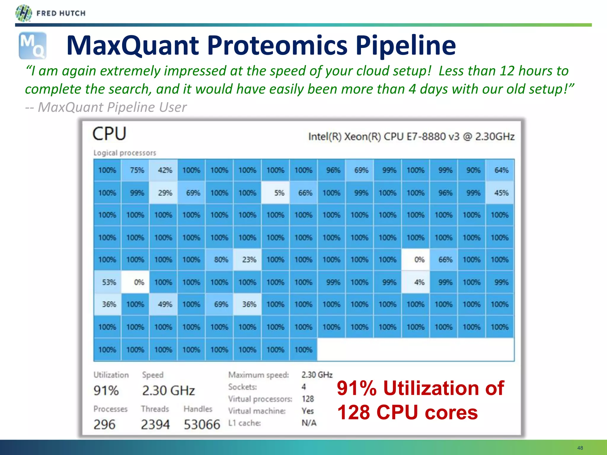 48
MaxQuant Proteomics Pipeline
“I am again extremely impressed at the speed of your cloud setup! Less than 12 hours to
complete the search, and it would have easily been more than 4 days with our old setup!”
-- MaxQuant Pipeline User
91% Utilization of
128 CPU cores
 