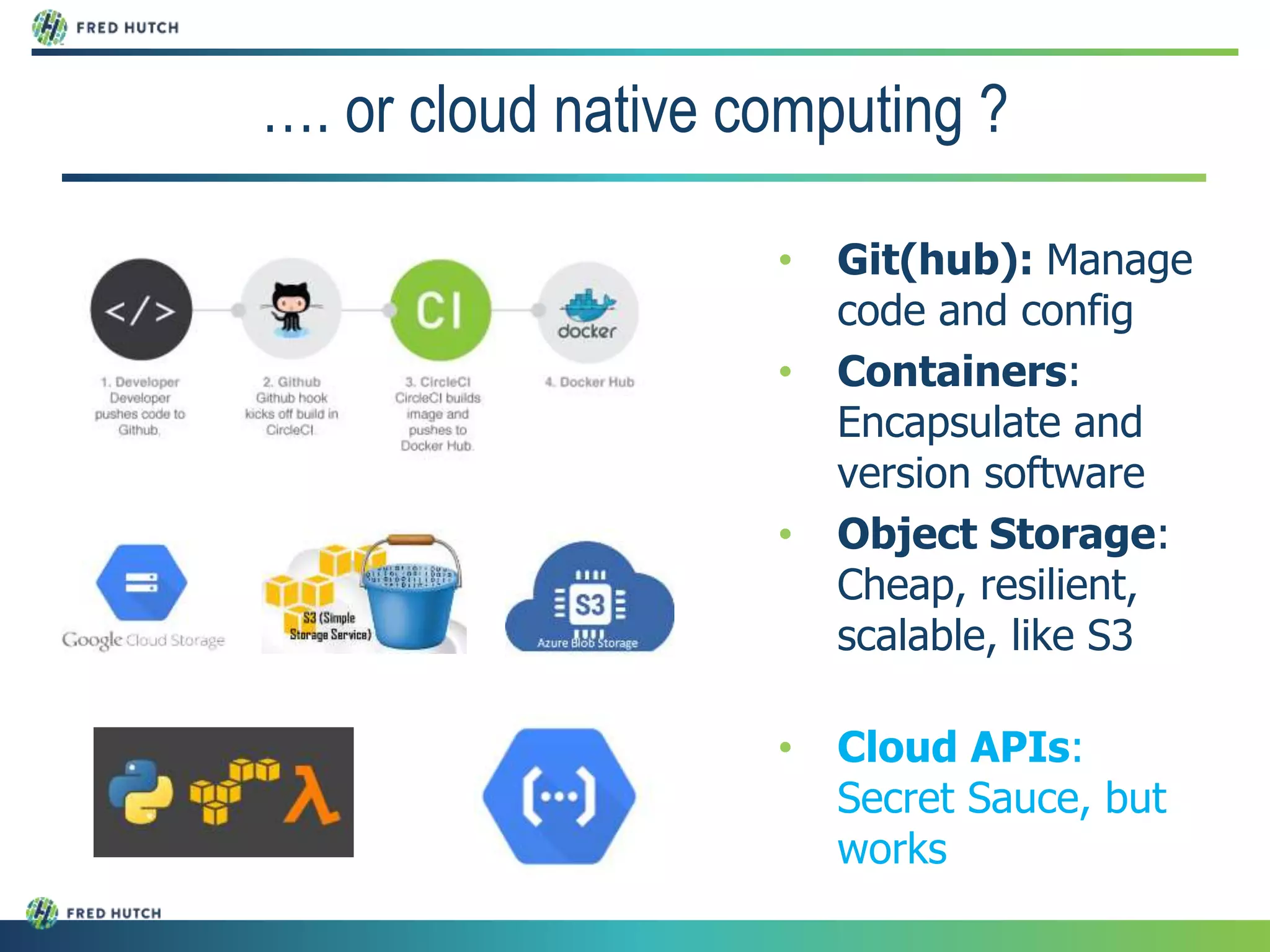 • Git(hub): Manage
code and config
• Containers:
Encapsulate and
version software
• Object Storage:
Cheap, resilient,
scalable, like S3
• Cloud APIs:
Secret Sauce, but
works
…. or cloud native computing ?
 