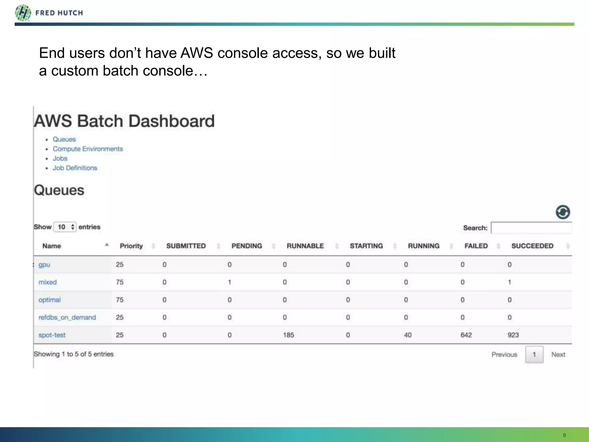 9
End users don’t have AWS console access, so we built
a custom batch console…
 