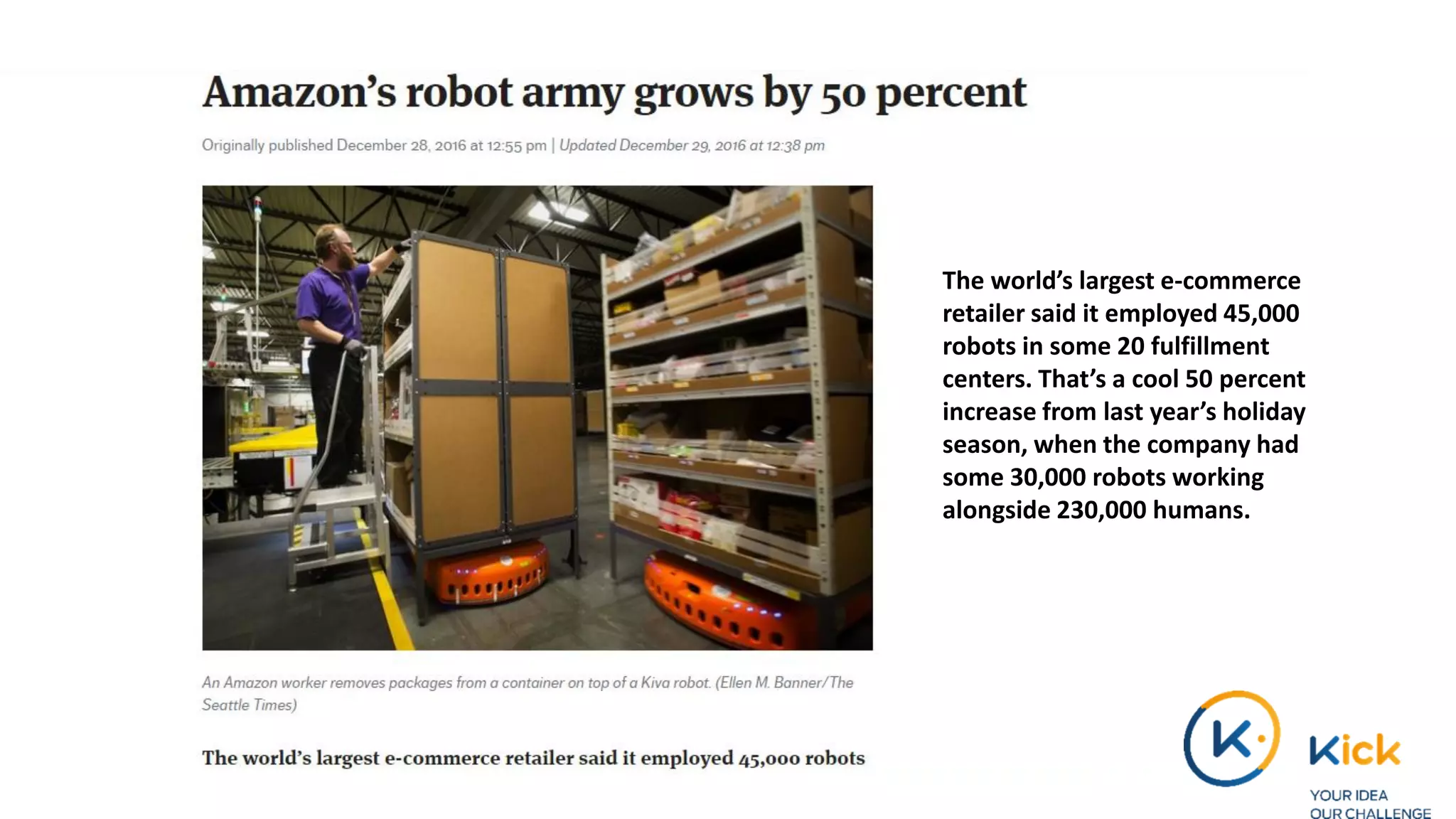 The world’s largest e-commerce
retailer said it employed 45,000
robots in some 20 fulfillment
centers. That’s a cool 50 percent
increase from last year’s holiday
season, when the company had
some 30,000 robots working
alongside 230,000 humans.
 