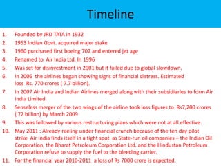 TimelineFounded by JRD TATA in 19321953 Indian Govt. acquired major stake1960 purchased first boeing 707 and entered jet ageRenamed to  Air India Ltd. In 1996Was set for disinvestment in 2001 but it failed due to global slowdown.In 2006  the airlines began showing signs of financial distress. Estimated loss  Rs. 770 crores ( 7.7 billion).In 2007 Air India and Indian Airlines merged along with their subsidiaries to form Air India Limited.Senseless merger of the two wings of the airline took loss figures to  Rs7,200 crores ( 72 billion) by March 2009This was followed by various restructuring plans which were not at all effective.May 2011 : Already reeling under financial crunch because of the ten day pilot strike  Air India finds itself in a tight spot  as State-run oil companies – the Indian Oil Corporation, the Bharat Petroleum Corporation Ltd. and the Hindustan Petroleum Corporation refuse to supply the fuel to the bleeding carrier.For the financial year 2010-2011  a loss of Rs 7000 crore is expected.