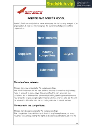 15
PORTER FIVE FORCES MODEL
Porter’s five force analysis is a frame work used for the industry analysis of an
organization. It was used to recognize the current market position of the
organization.
Threats of new entrants:
Threats from new entrants for Air-India is very high
The initial investment for the new entrants into the air lines industry is very
huge in amount. In olden days, it is very difficult to start a new air line
company, but in recent times, banks are providing good opportunities to the
new entrants, by providing long term loans with less interest rate. So this will
be a threat for Air-India from the upcoming and new domestic air lines
Threats from the competitors:
Threats from the competitors for Air-India is very high
The competitive rivalry within the air line industry is very intense, as many
major air lines are operating the flights to the same destinations, all over the
 