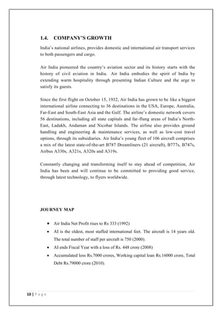10 | P a g e
1.4. COMPANY’S GROWTH
India‘s national airlines, provides domestic and international air transport services
to both passengers and cargo.
Air India pioneered the country‘s aviation sector and its history starts with the
history of civil aviation in India. Air India embodies the spirit of India by
extending warm hospitality through presenting Indian Culture and the urge to
satisfy its guests.
Since the first flight on October 15, 1932, Air India has grown to be like a biggest
international airline connecting to 36 destinations in the USA, Europe, Australia,
Far-East and South-East Asia and the Gulf. The airline‘s domestic network covers
56 destinations, including all state capitals and far-flung areas of India‘s North-
East, Ladakh, Andaman and Nicobar Islands. The airline also provides ground
handling and engineering & maintenance services, as well as low-cost travel
options, through its subsidiaries. Air India‘s young fleet of 106 aircraft comprises
a mix of the latest state-of-the-art B787 Dreamliners (21 aircraft), B777s, B747s,
Airbus A330s, A321s, A320s and A319s.
Constantly changing and transforming itself to stay ahead of competition, Air
India has been and will continue to be committed to providing good service,
through latest technology, to flyers worldwide.
JOURNEY MAP
 Air India Net Profit rises to Rs 333 (1992)
 AI is the oldest, most staffed international feet. The aircraft is 14 years old.
The total number of staff per aircraft is 750 (2000).
 AI ends Fiscal Year with a loss of Rs. 448 crore (2008)
 Accumulated loss Rs.7000 crores, Working capital loan Rs.16000 crore, Total
Debt Rs.79000 crore (2010).
 
