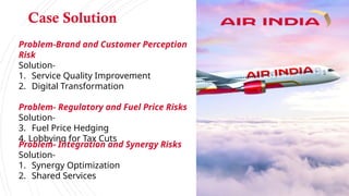 Case Solution
Problem-Brand and Customer Perception
Risk
Solution-
1. Service Quality Improvement
2. Digital Transformation
Problem- Regulatory and Fuel Price Risks
Solution-
3. Fuel Price Hedging
4. Lobbying for Tax Cuts
Problem- Integration and Synergy Risks
Solution-
1. Synergy Optimization
2. Shared Services
 