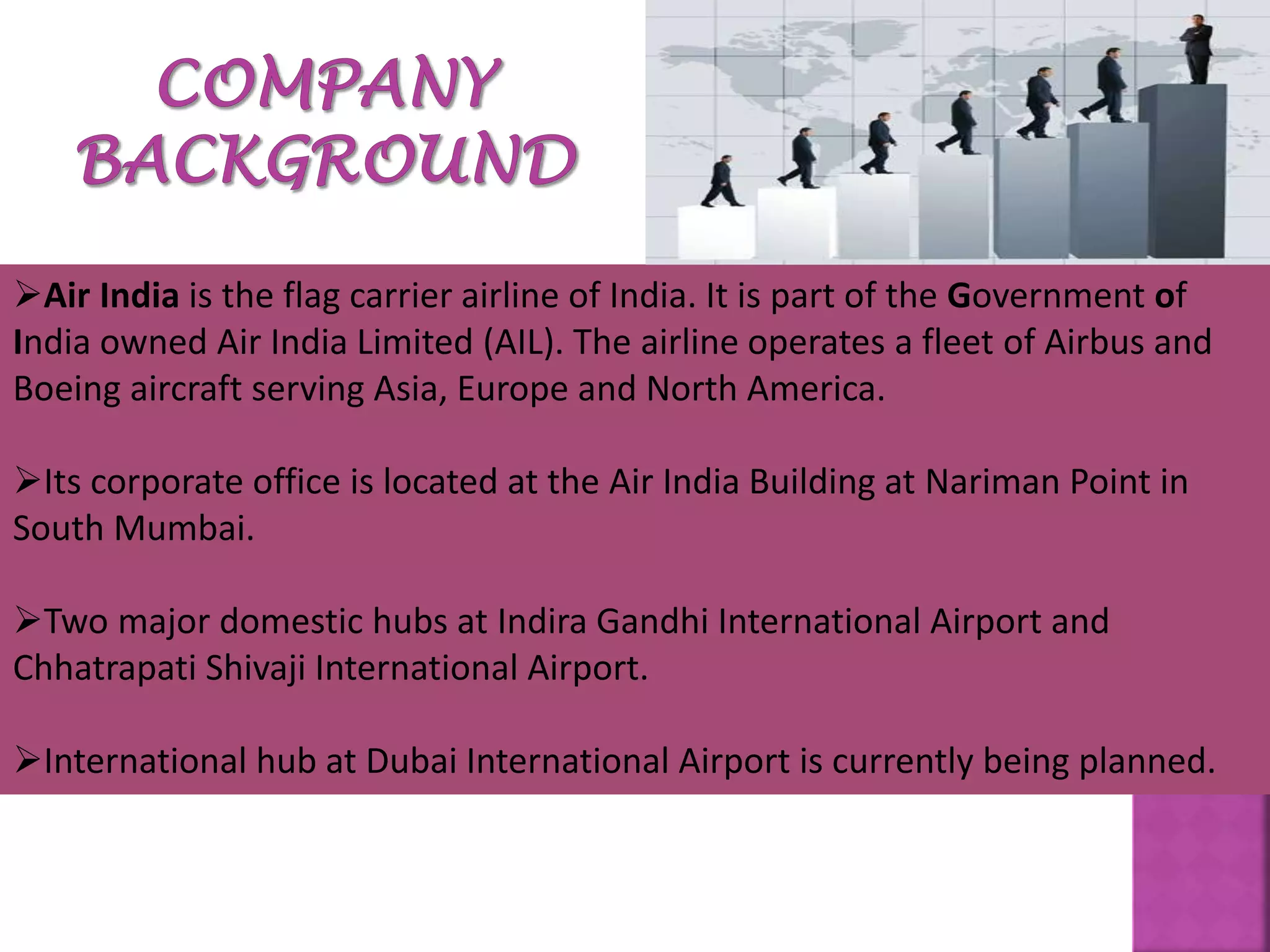 Air India is the flag carrier airline of India. It is part of the Government of
India owned Air India Limited (AIL). The airline operates a fleet of Airbus and
Boeing aircraft serving Asia, Europe and North America.
Its corporate office is located at the Air India Building at Nariman Point in
South Mumbai.
Two major domestic hubs at Indira Gandhi International Airport and
Chhatrapati Shivaji International Airport.
International hub at Dubai International Airport is currently being planned.
 