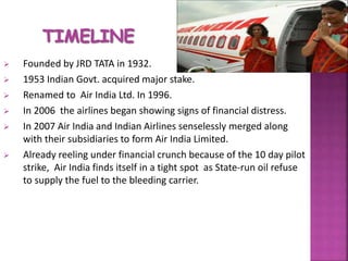  Founded by JRD TATA in 1932.
 1953 Indian Govt. acquired major stake.
 Renamed to Air India Ltd. In 1996.
 In 2006 the airlines began showing signs of financial distress.
 In 2007 Air India and Indian Airlines senselessly merged along
with their subsidiaries to form Air India Limited.
 Already reeling under financial crunch because of the 10 day pilot
strike, Air India finds itself in a tight spot as State-run oil refuse
to supply the fuel to the bleeding carrier.
 