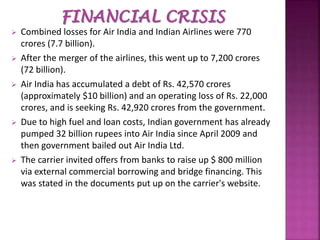  Combined losses for Air India and Indian Airlines were 770
crores (7.7 billion).
 After the merger of the airlines, this went up to 7,200 crores
(72 billion).
 Air India has accumulated a debt of Rs. 42,570 crores
(approximately $10 billion) and an operating loss of Rs. 22,000
crores, and is seeking Rs. 42,920 crores from the government.
 Due to high fuel and loan costs, Indian government has already
pumped 32 billion rupees into Air India since April 2009 and
then government bailed out Air India Ltd.
 The carrier invited offers from banks to raise up $ 800 million
via external commercial borrowing and bridge financing. This
was stated in the documents put up on the carrier's website.
 