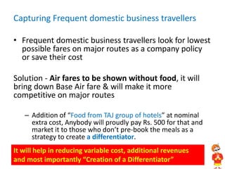 Capturing Frequent domestic business travellers
• Frequent domestic business travellers look for lowest
possible fares on major routes as a company policy
or save their cost
Solution - Air fares to be shown without food, it will
bring down Base Air fare & will make it more
competitive on major routes
– Addition of “Food from TAJ group of hotels” at nominal
extra cost, Anybody will proudly pay Rs. 500 for that and
market it to those who don’t pre-book the meals as a
strategy to create a differentiator.
It will help in reducing variable cost, additional revenues
and most importantly “Creation of a Differentiator”
 