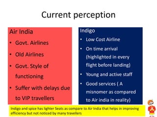 Current perception
Air India
• Govt. Airlines
• Old Airlines
• Govt. Style of
functioning
• Suffer with delays due
to VIP travellers
Indigo
• Low Cost Airline
• On time arrival
(highlighted in every
flight before landing)
• Young and active staff
• Good services ( A
misnomer as compared
to Air india in reality)
Indigo and spice has lighter Seats as compare to Air India that helps in improving
efficiency but not noticed by many travellers
 