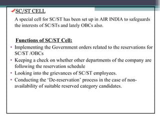 SC/ST CELL
    A special cell for SC/ST has been set up in AIR INDIA to safeguards
    the interests of SC/STs and lately OBCs also.


     Functions of SC/ST Cell:
•   Implementing the Government orders related to the reservations for
    SC/ST /OBCs
•   Keeping a check on whether other departments of the company are
    following the reservation schedule
•   Looking into the grievances of SC/ST employees.
•   Conducting the ‘De-reservation’ process in the case of non-
    availability of suitable reserved category candidates.
 