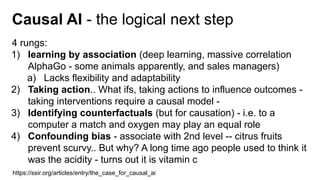 Causal AI - the logical next step
4 rungs:
1) learning by association (deep learning, massive correlation
AlphaGo - some animals apparently, and sales managers)
a) Lacks flexibility and adaptability
2) Taking action.. What ifs, taking actions to influence outcomes -
taking interventions require a causal model -
3) Identifying counterfactuals (but for causation) - i.e. to a
computer a match and oxygen may play an equal role
4) Confounding bias - associate with 2nd level -- citrus fruits
prevent scurvy.. But why? A long time ago people used to think it
was the acidity - turns out it is vitamin c
https://ssir.org/articles/entry/the_case_for_causal_ai
 