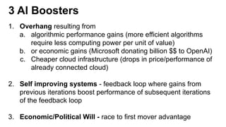 3 AI Boosters
1. Overhang resulting from
a. algorithmic performance gains (more efficient algorithms
require less computing power per unit of value)
b. or economic gains (Microsoft donating billion $$ to OpenAI)
c. Cheaper cloud infrastructure (drops in price/performance of
already connected cloud)
2. Self improving systems - feedback loop where gains from
previous iterations boost performance of subsequent iterations
of the feedback loop
3. Economic/Political Will - race to first mover advantage
 
