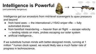 Intelligence is Powerful
(and potentially dangerous)
Intelligence got our ancestors from mid-level scavengers to apex predators
and beyond
● from hand axes → the international L115A3 sniper rifle → fully
automated drones
● from barefoot meandering → heavier than air flight → escape velocity
→ landing robots on mars, probes escaping our solar system
● artificial intelligence..
If we substitute human minds with better-designed minds, running at 1
million * human clock speed, we would likely see a much faster rate of
progress in technoscience.
→
 